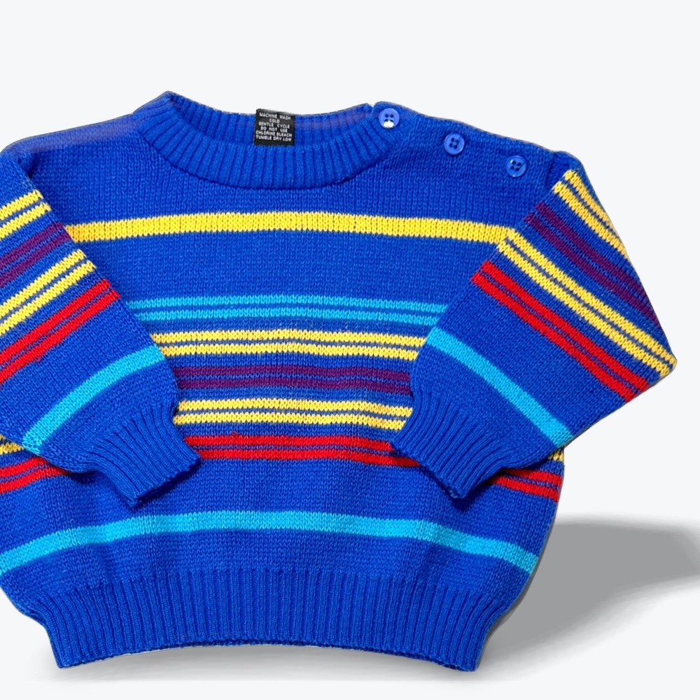 Vintage Kids Sweater Rainbow 80s Israel Knit Blue Rainbow Stripe 18M 2T Jumper